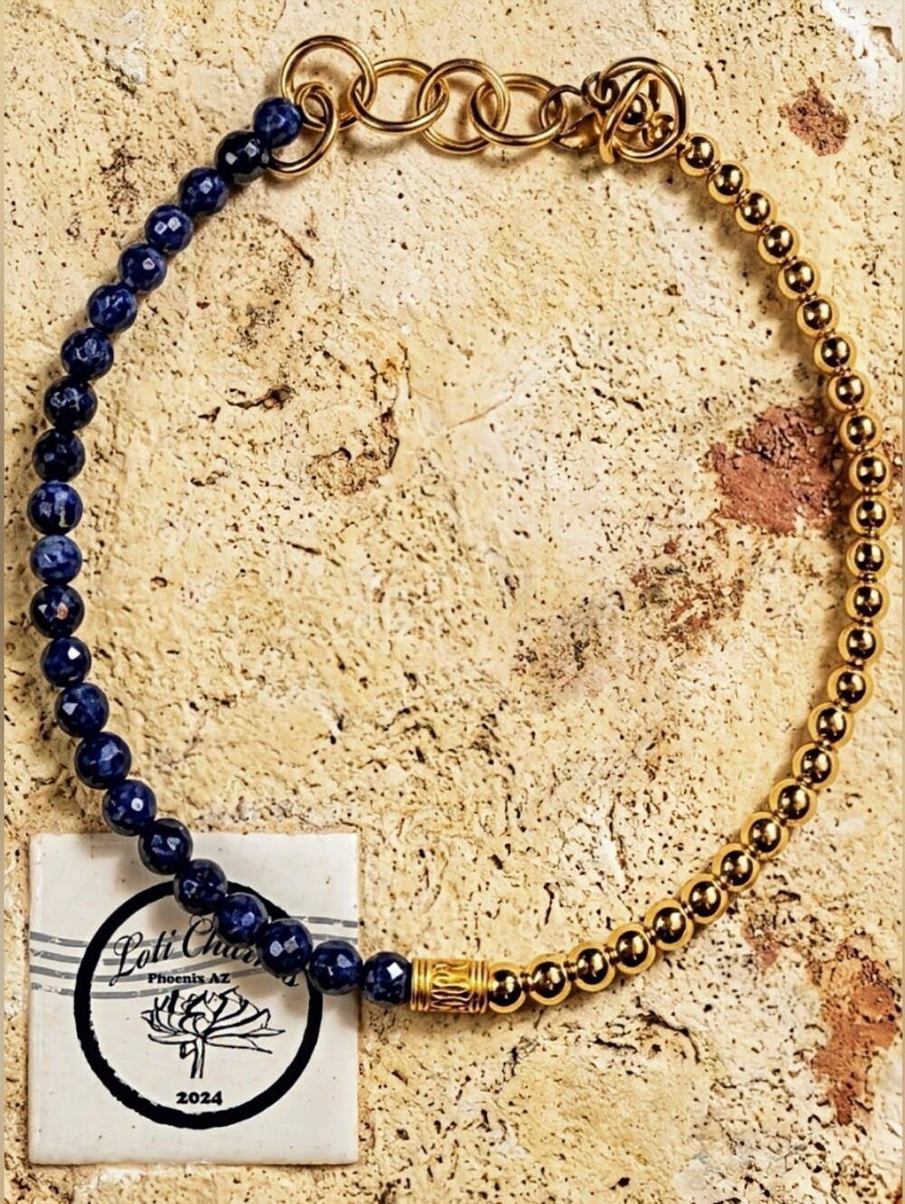 Natural Blue Sapphire and Gold Beads In Assymetrical Gold Plated Necklace Choker